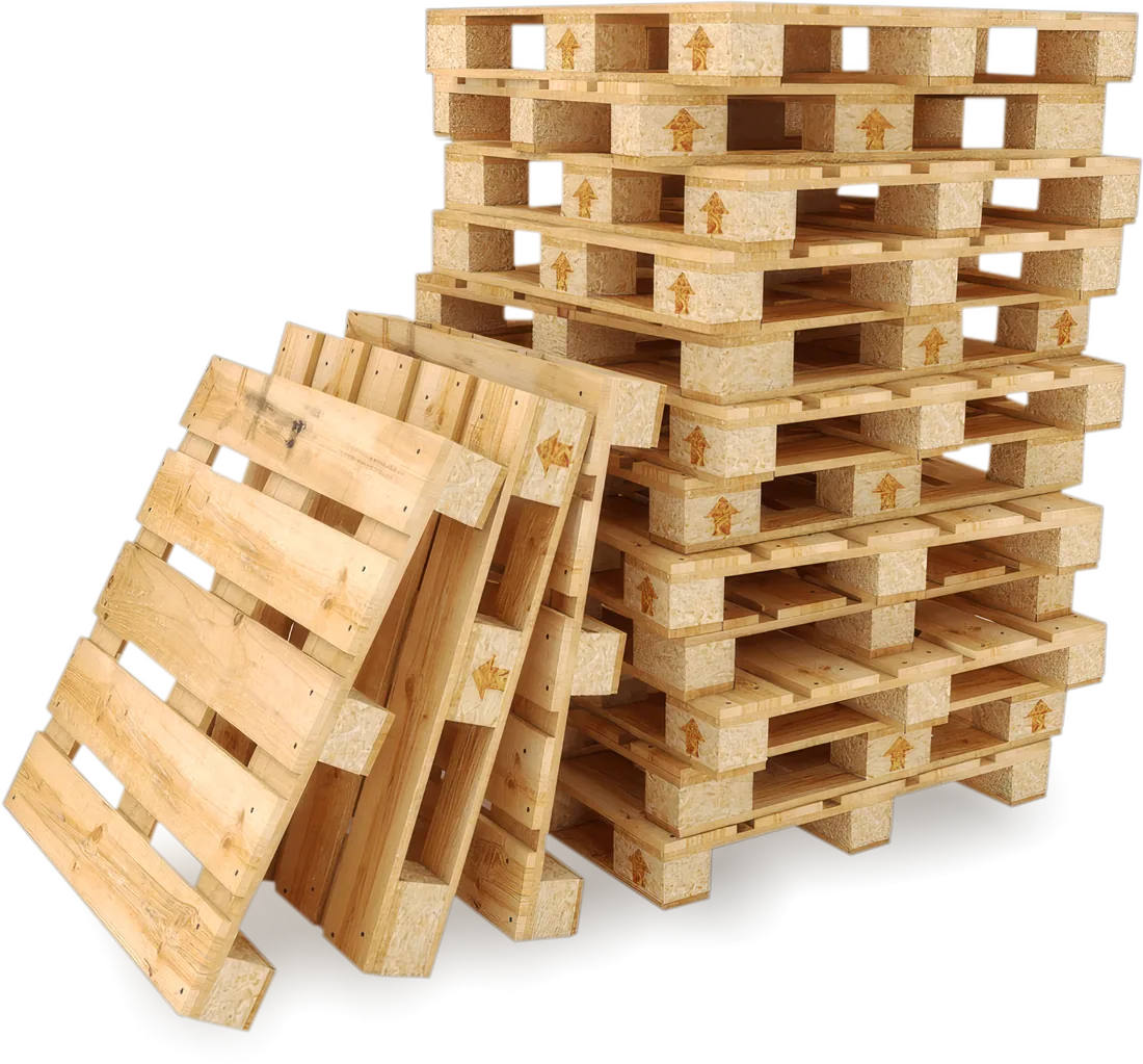 Stack of new wood block pallets with several pallets leaning against it