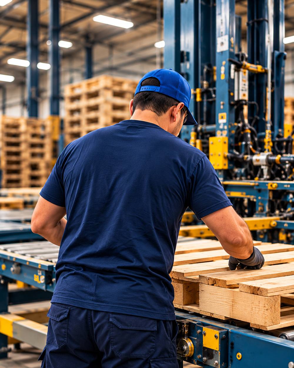 Preferred Pallets team member building pallets on the manufacturing line