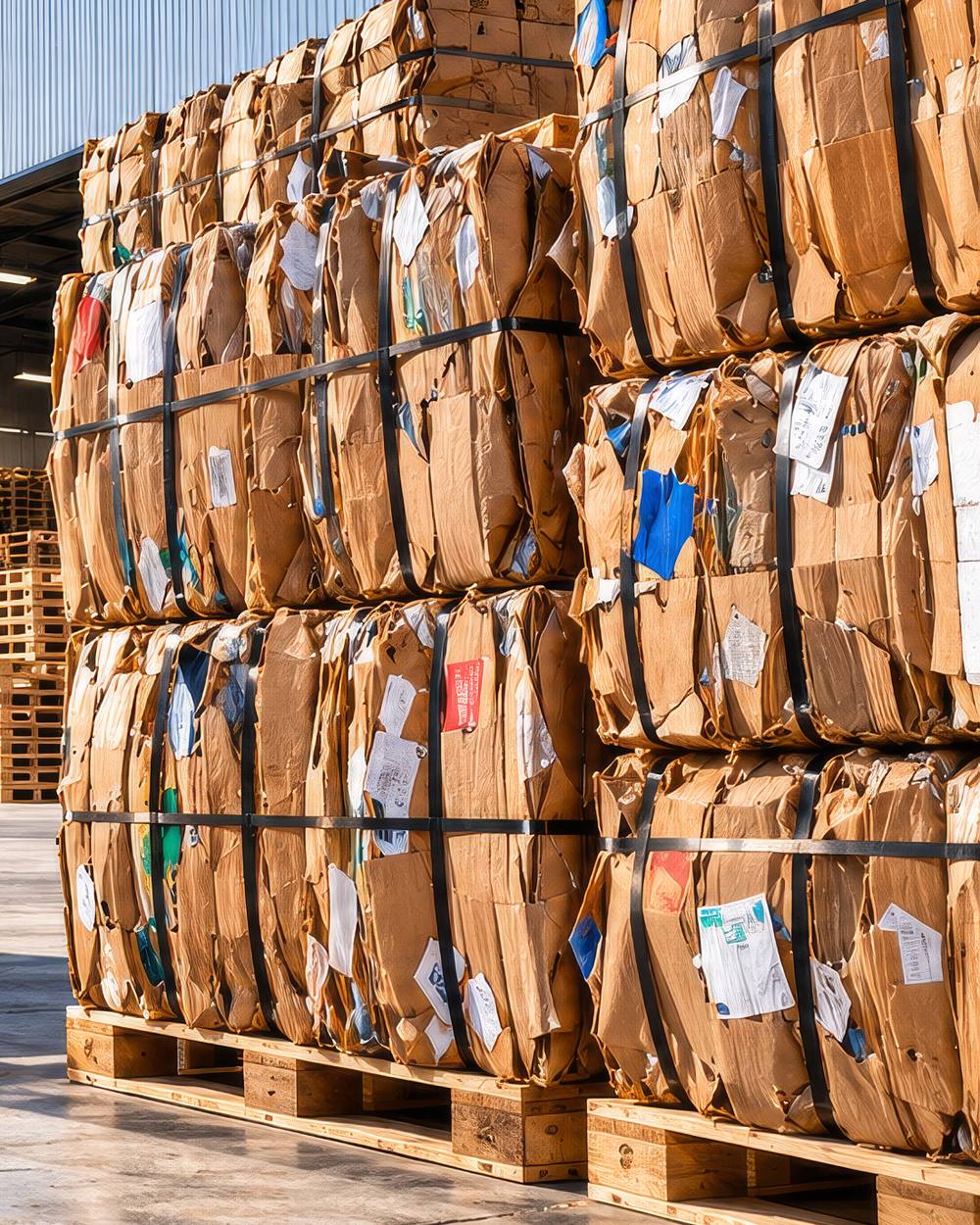 Baled cardboard beside a warehouse