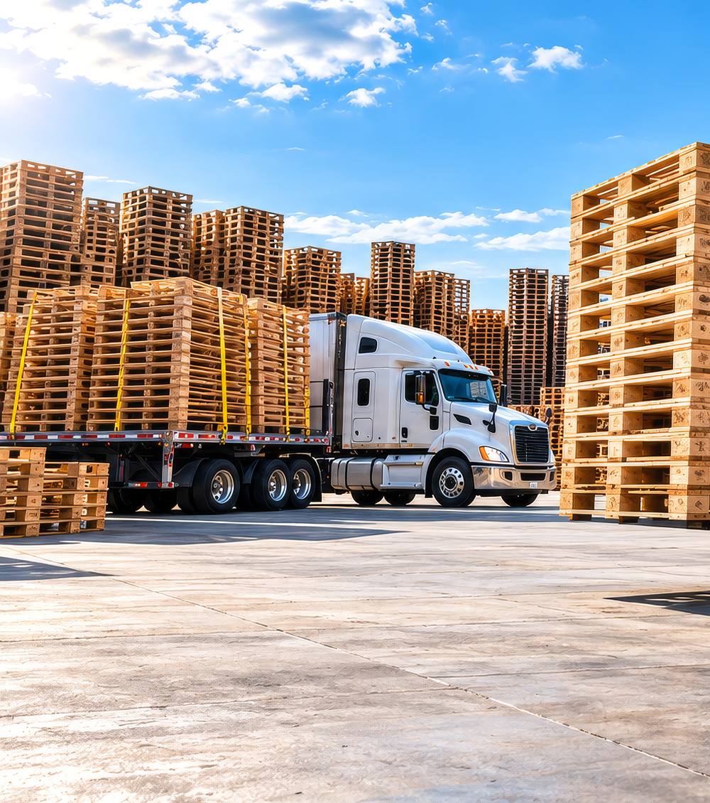 Truck loaded with recovered pallets beside tall pallet stacks