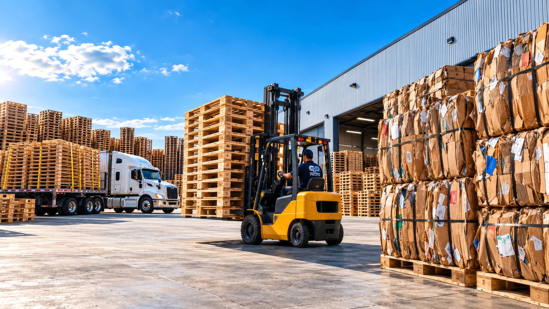 Forklift moving stacked pallets beside a flatbed truck and baled cardboard at a pallet yard