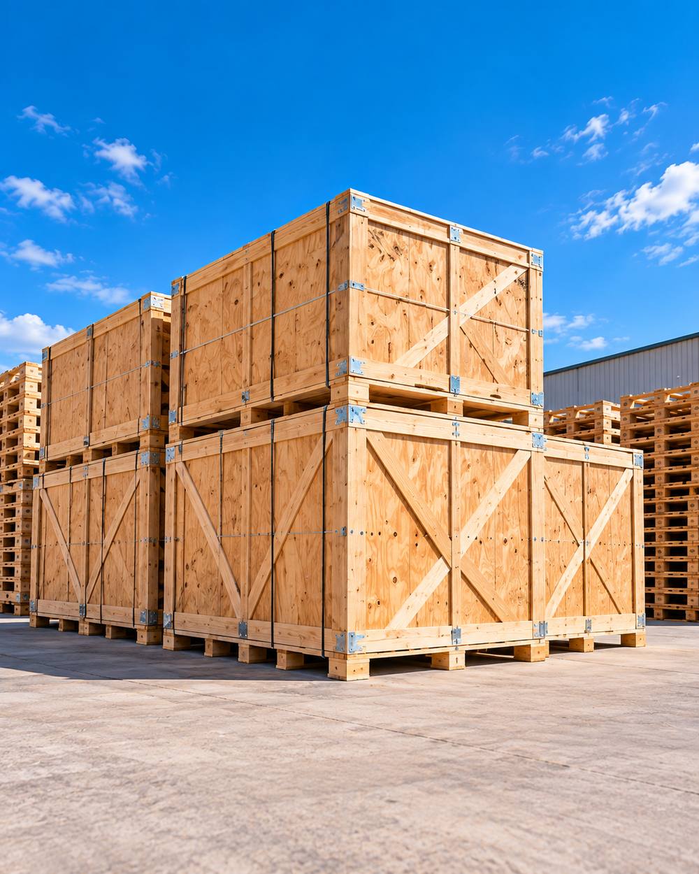 Wood shipping crates on pallets prepared for export
