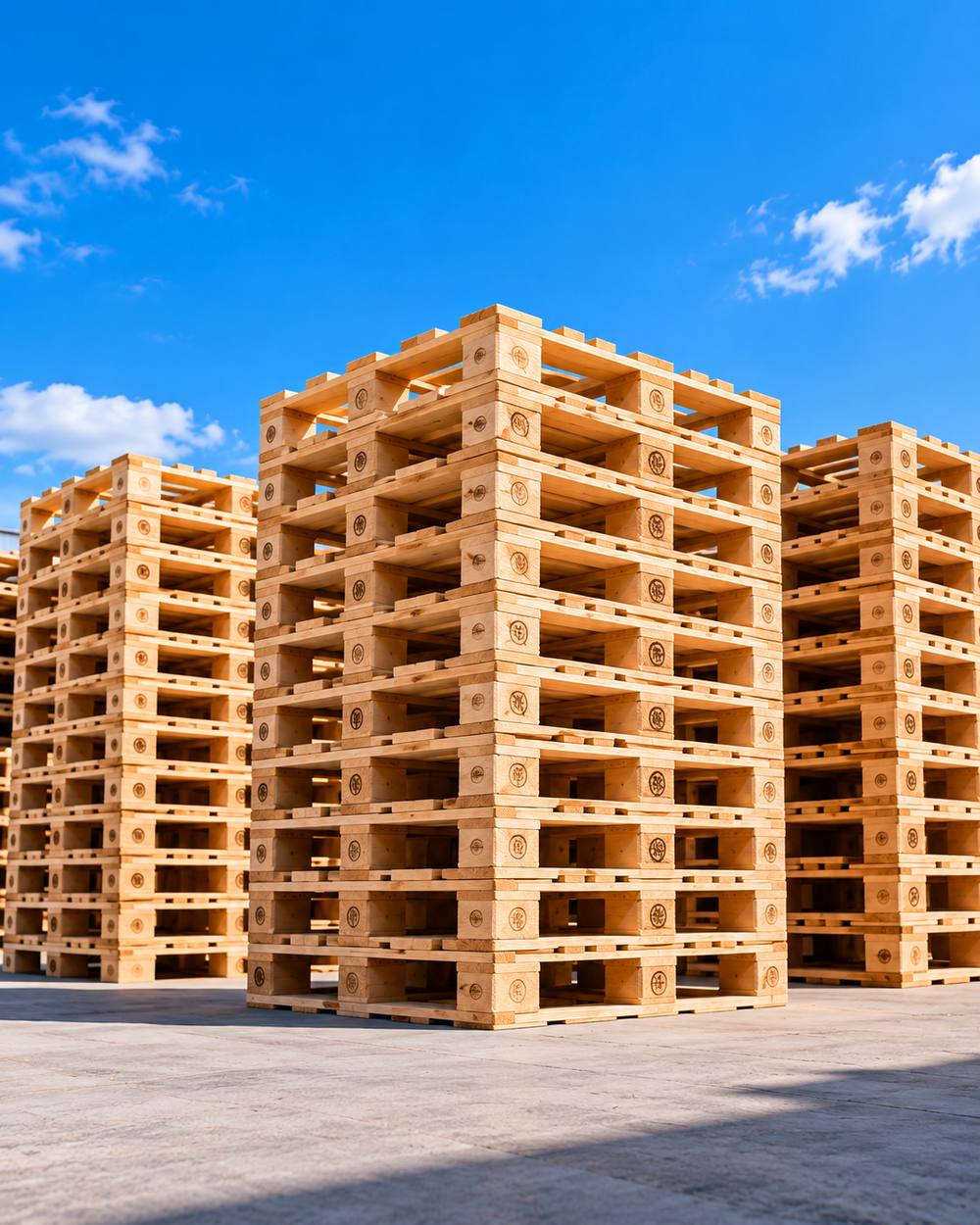Three tall stacks of wood pallets in a yard