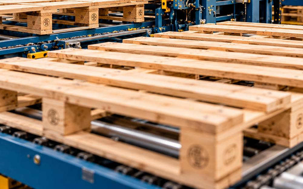 Close-up of new pallets showing blocks and fork openings