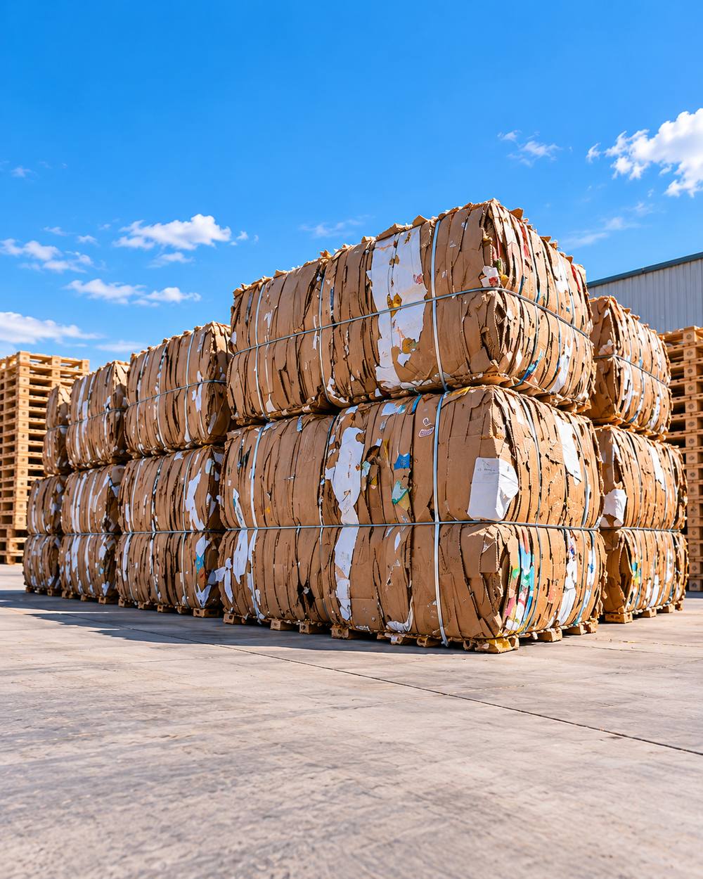 Baled cardboard stacked on pallets outside a warehouse