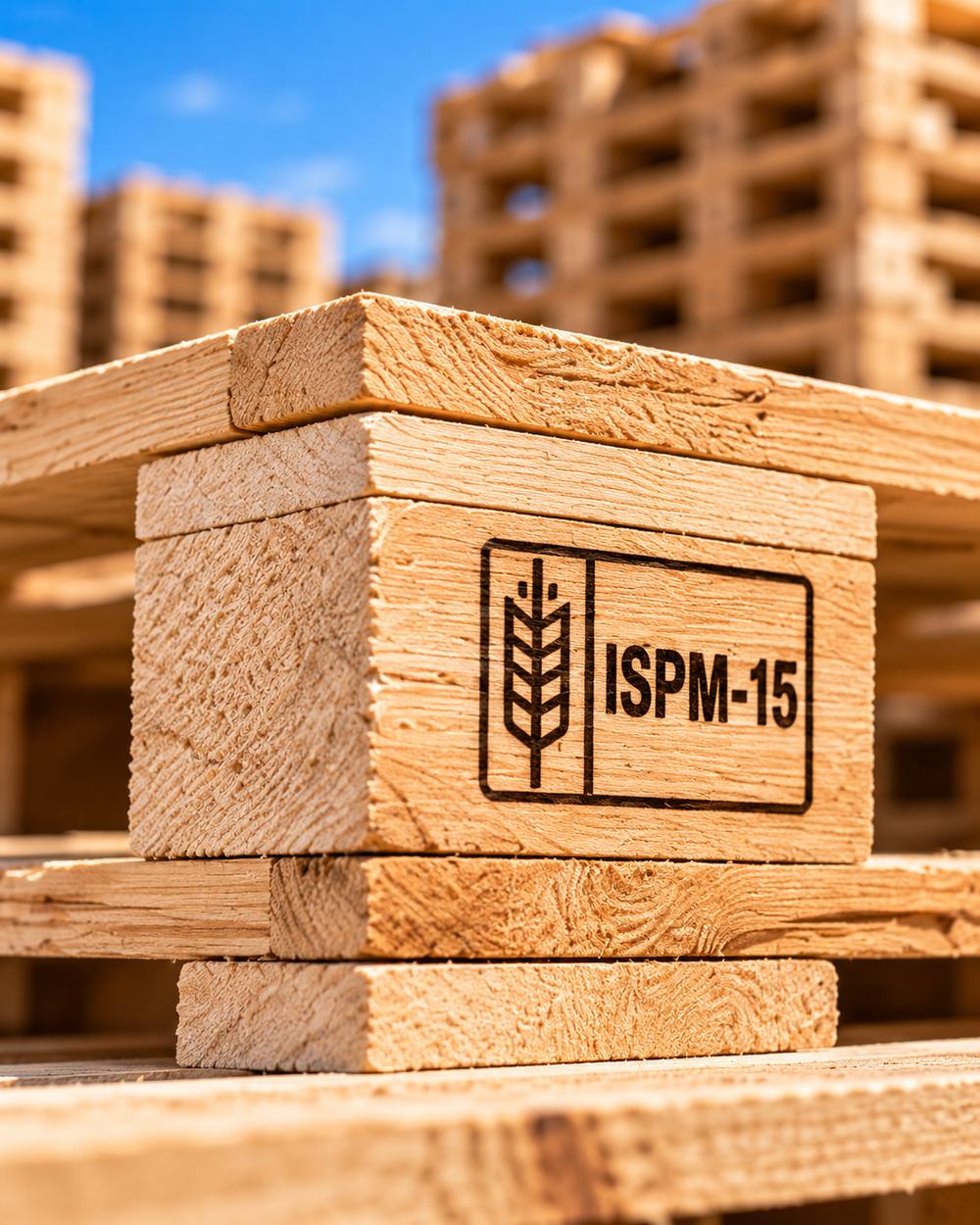 Close-up of an ISPM-15 heat treatment stamp on a pallet block
