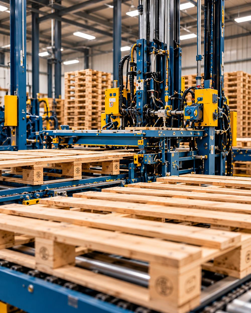 New wood pallets moving through a pallet manufacturing line