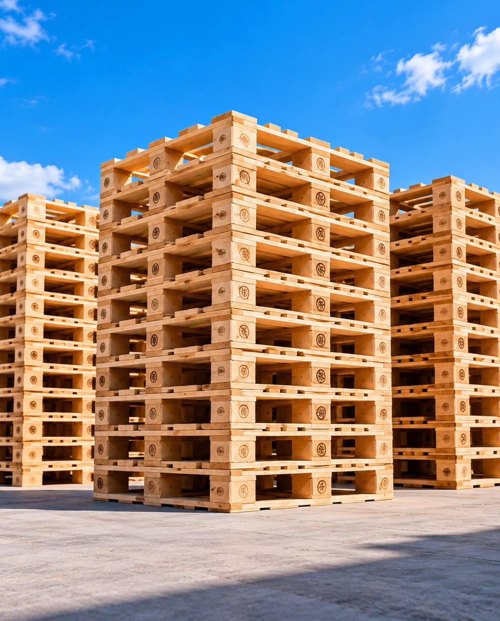 Large stacks of new pallets ready for supply