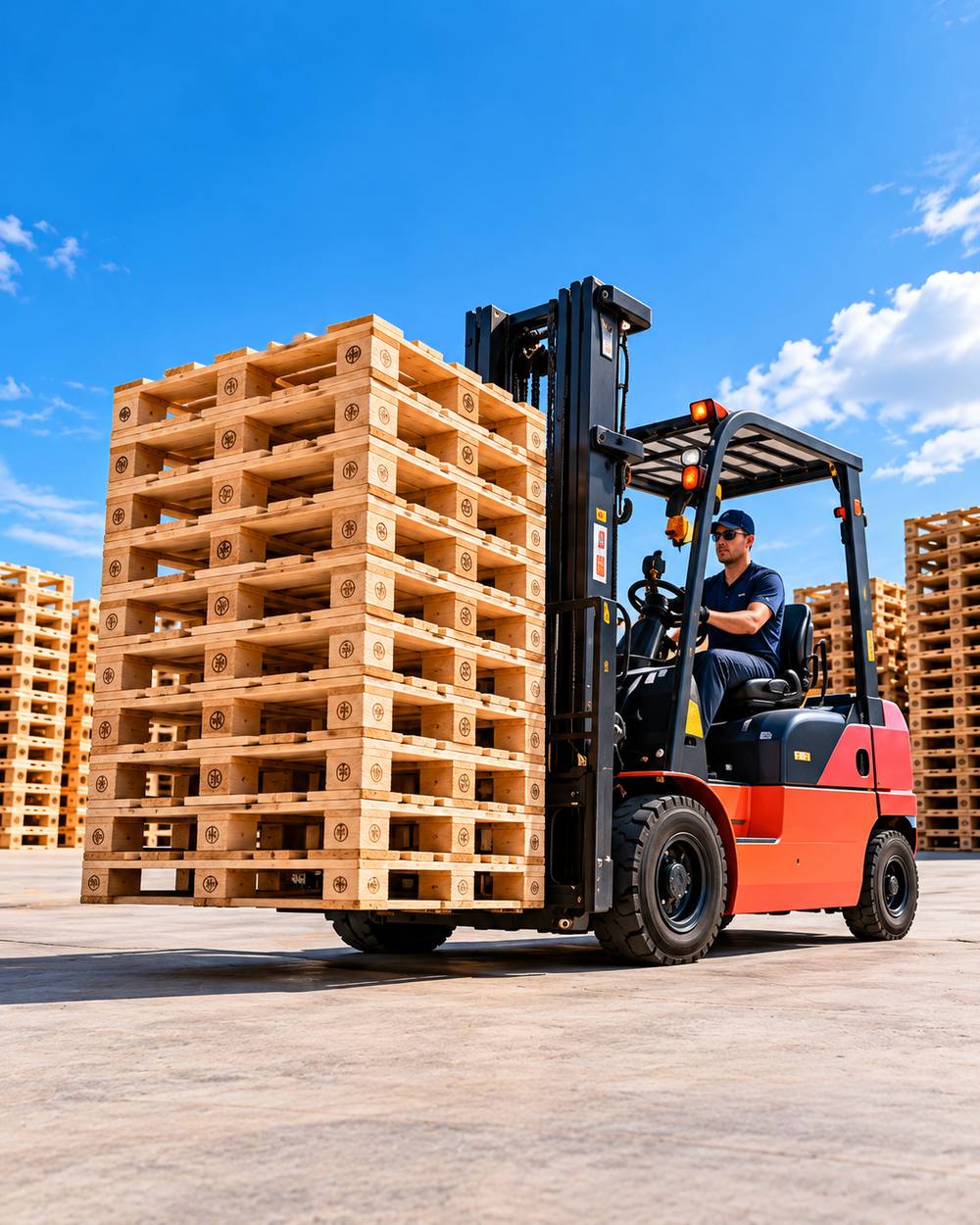 Forklift carrying a tall stack of pallets across a pallet yard