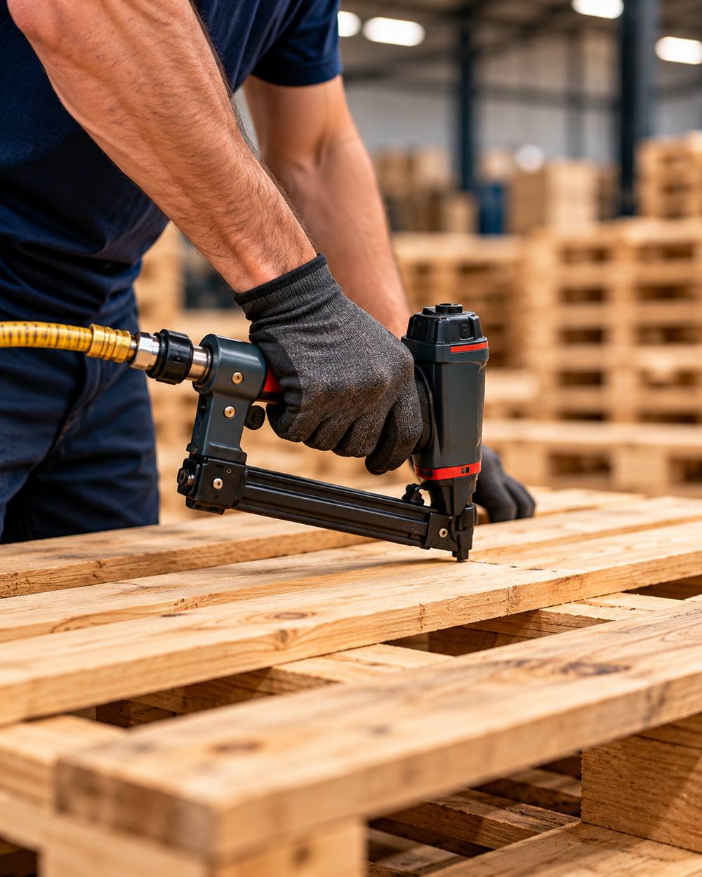 Worker using a pneumatic nailer to repair a wood pallet