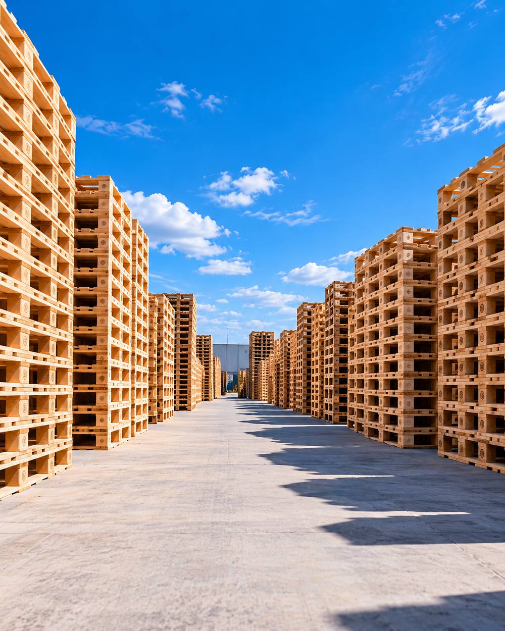 Rows of stacked wood pallets in a pallet yard under a blue sky